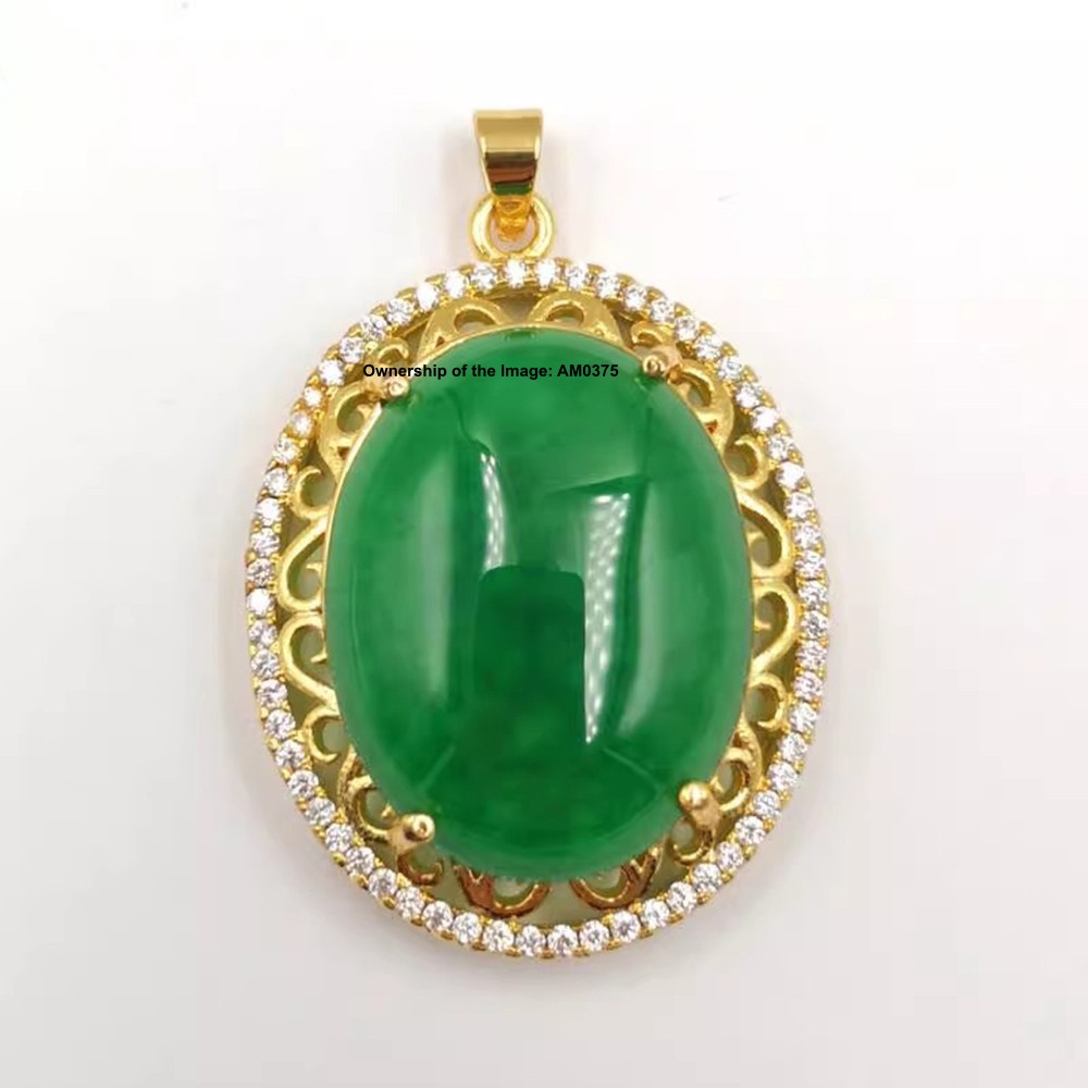 New Yellow Alloy Heating Jade Pendant Zircon and Green Oval Jade Pendant 37mm H