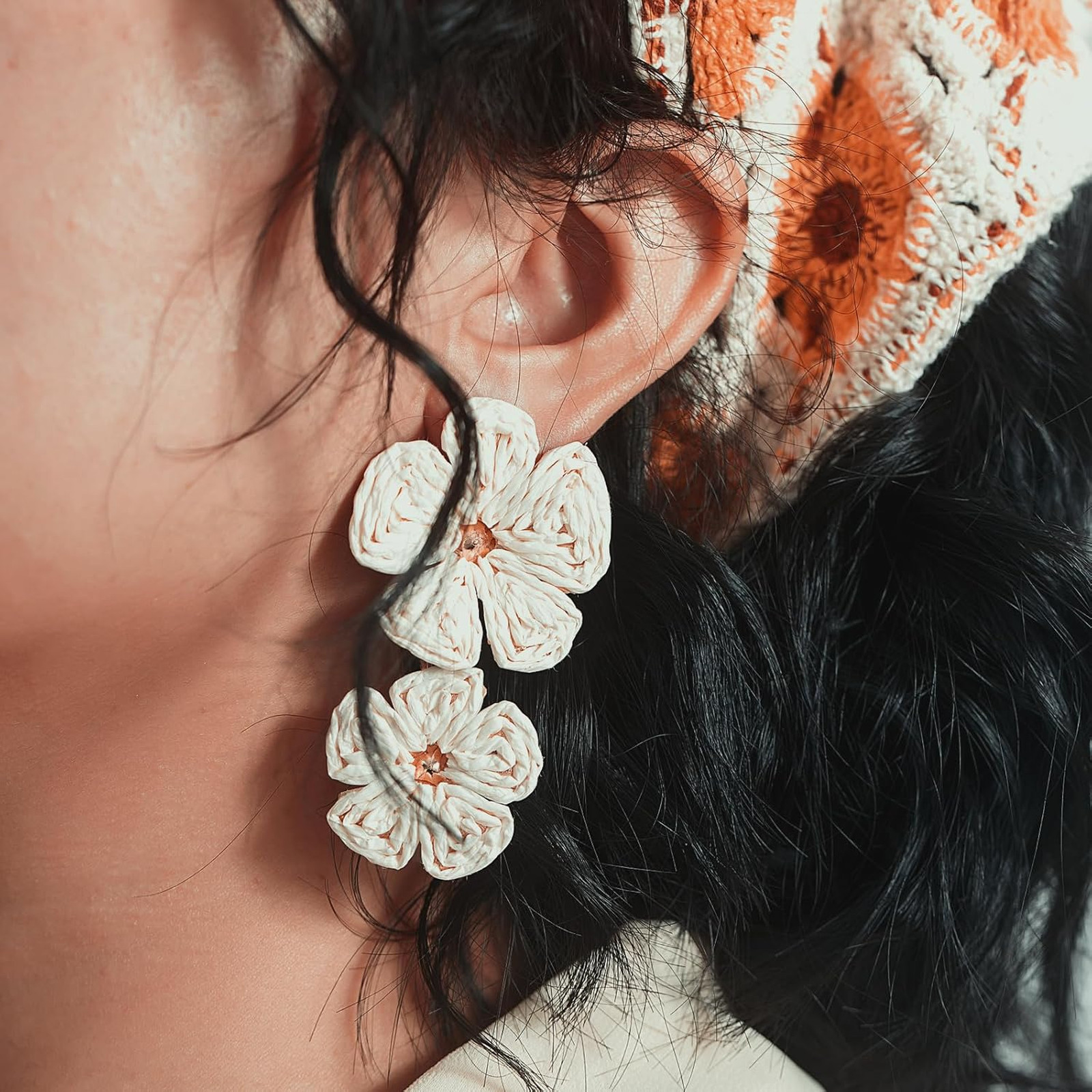 Women’s Drop Earrings Boho Flower Raffia Dangle Jewelry Summer Vacation Casual
