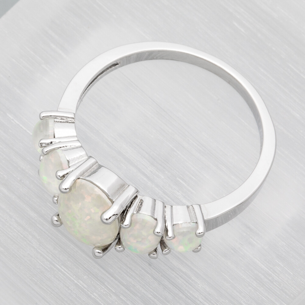 5-Stone White Fire Opal Cabochon Women Silver Jewelry Wedding Ring Size 6 7 8 9