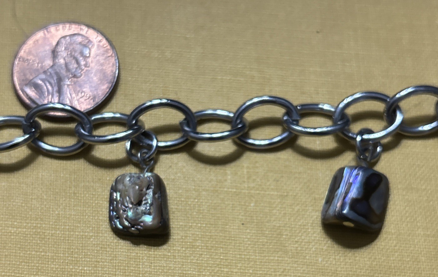 Plated Silver Chain And Abalone Shell Charm Bracelet 8-10 Inches Long