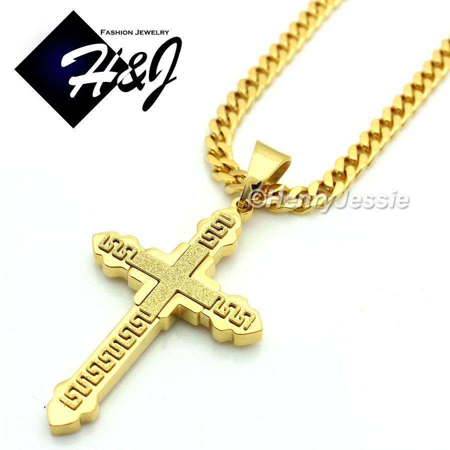 18″-36″MEN Stainless Steel 5mm Gold Plated Cuban Curb Chain Cross Pendant*GK4