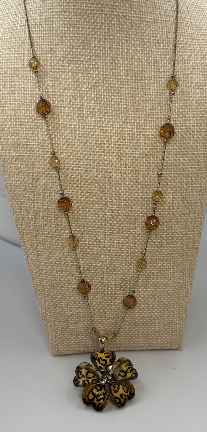 Gold Tone Leopard Print Rhinestone Flower Pendant On Beaded Chain 18-21 In