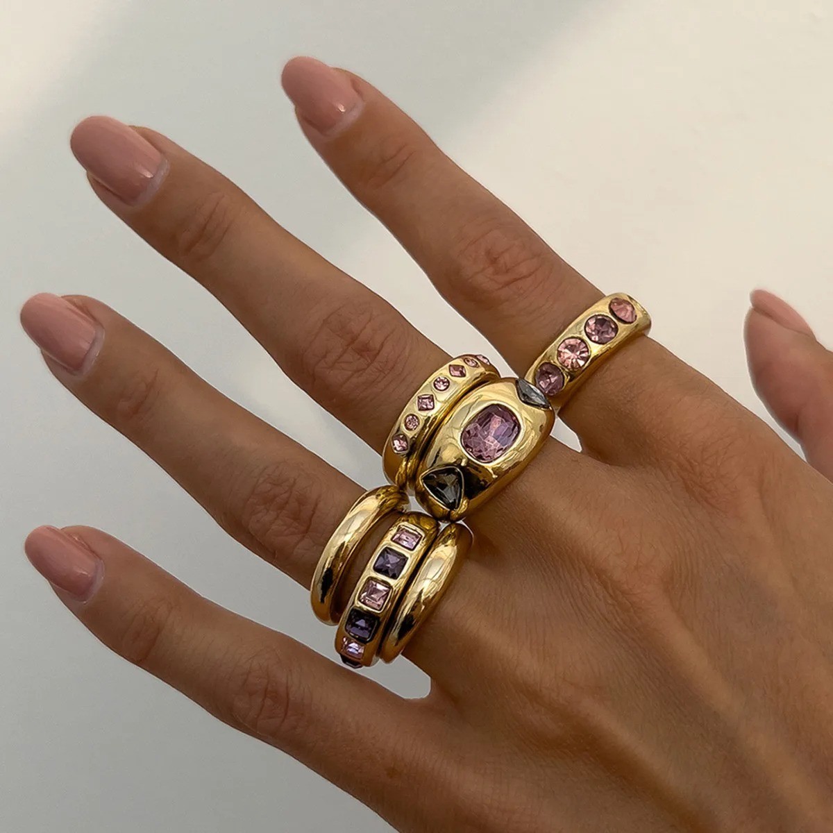 6PCS Gold Adjustable Ring Set Women Purple Zircon Stackable Knuckle Rings Gift