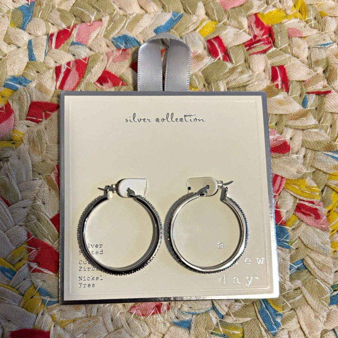 Silver Collection Silver Plated CZ Pavé Hinged Hoop Earrings Nickel Free