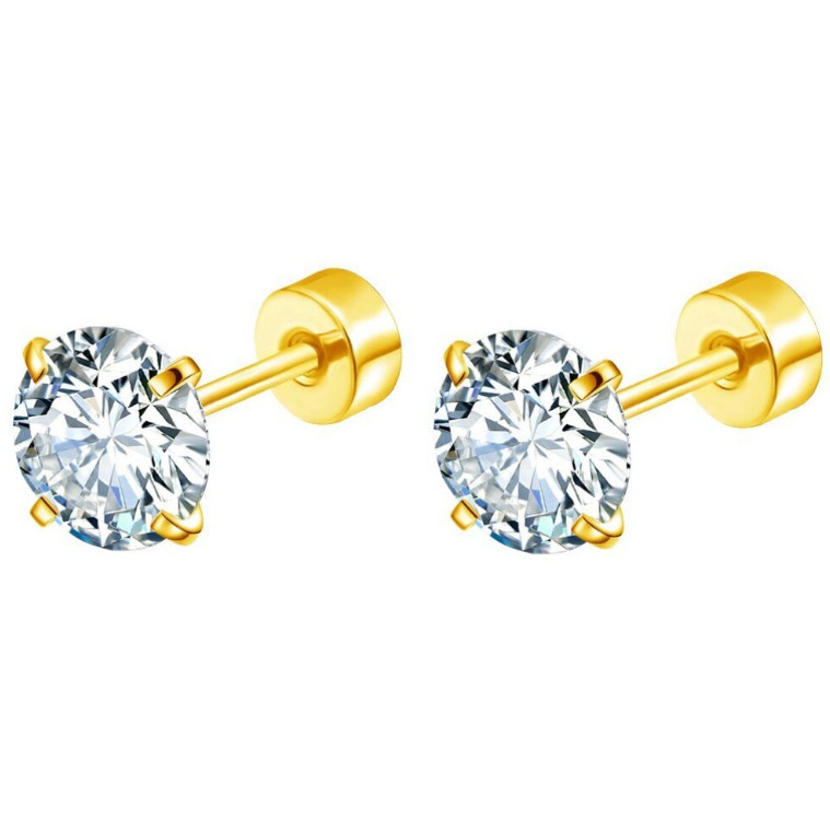Hypoallergenic Gold-tone Stainless Steel Round CZ Stud Earrings Screw Back PE31
