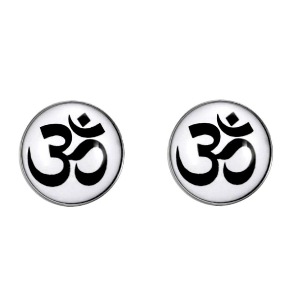 OHM EARRINGS 10mm Stainless Steel Stud Post Round White Unisex Om Aum Yoga Hindu