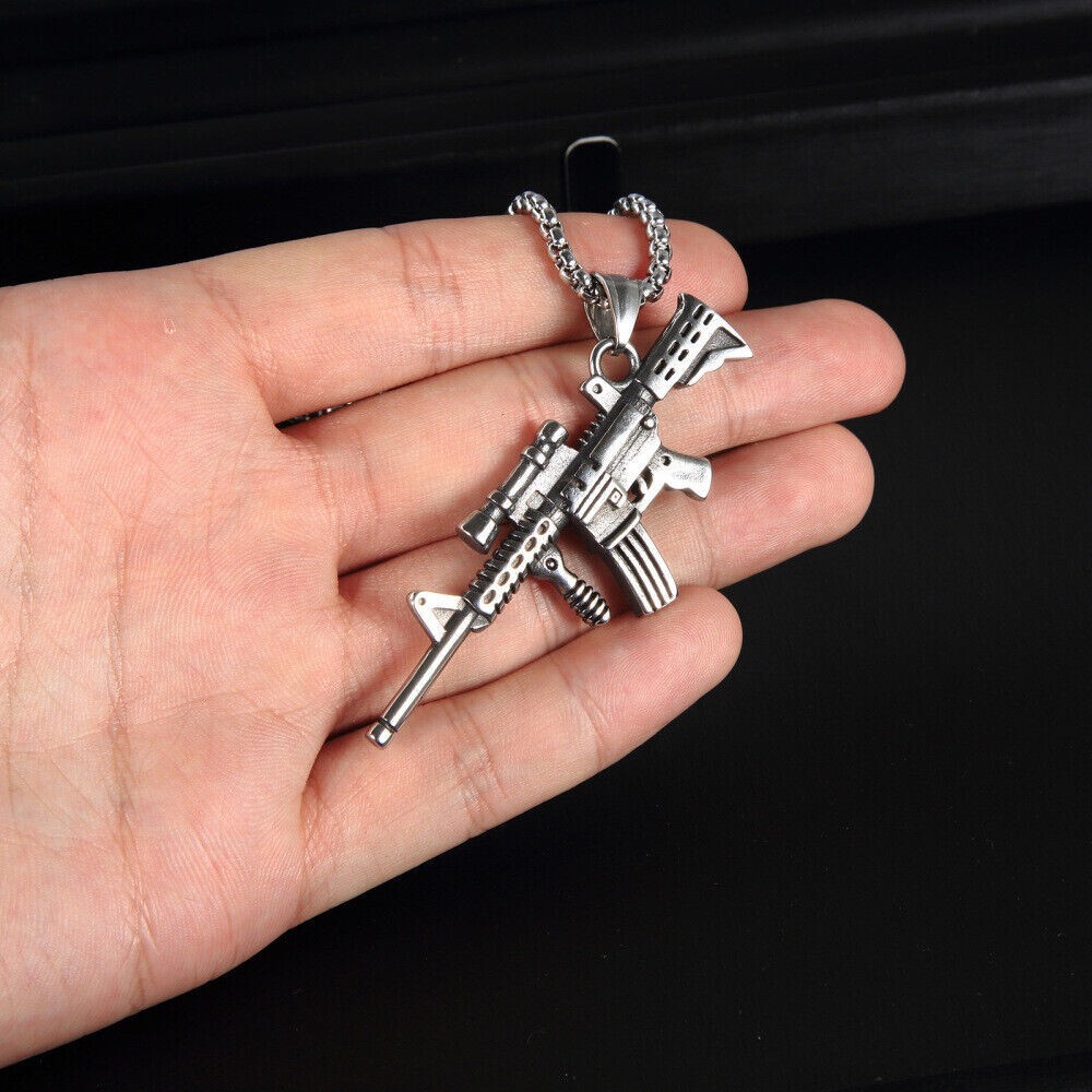 Silver Army AK47 Machine Gun Stainless Steel Pendant Necklace, Second Amendment