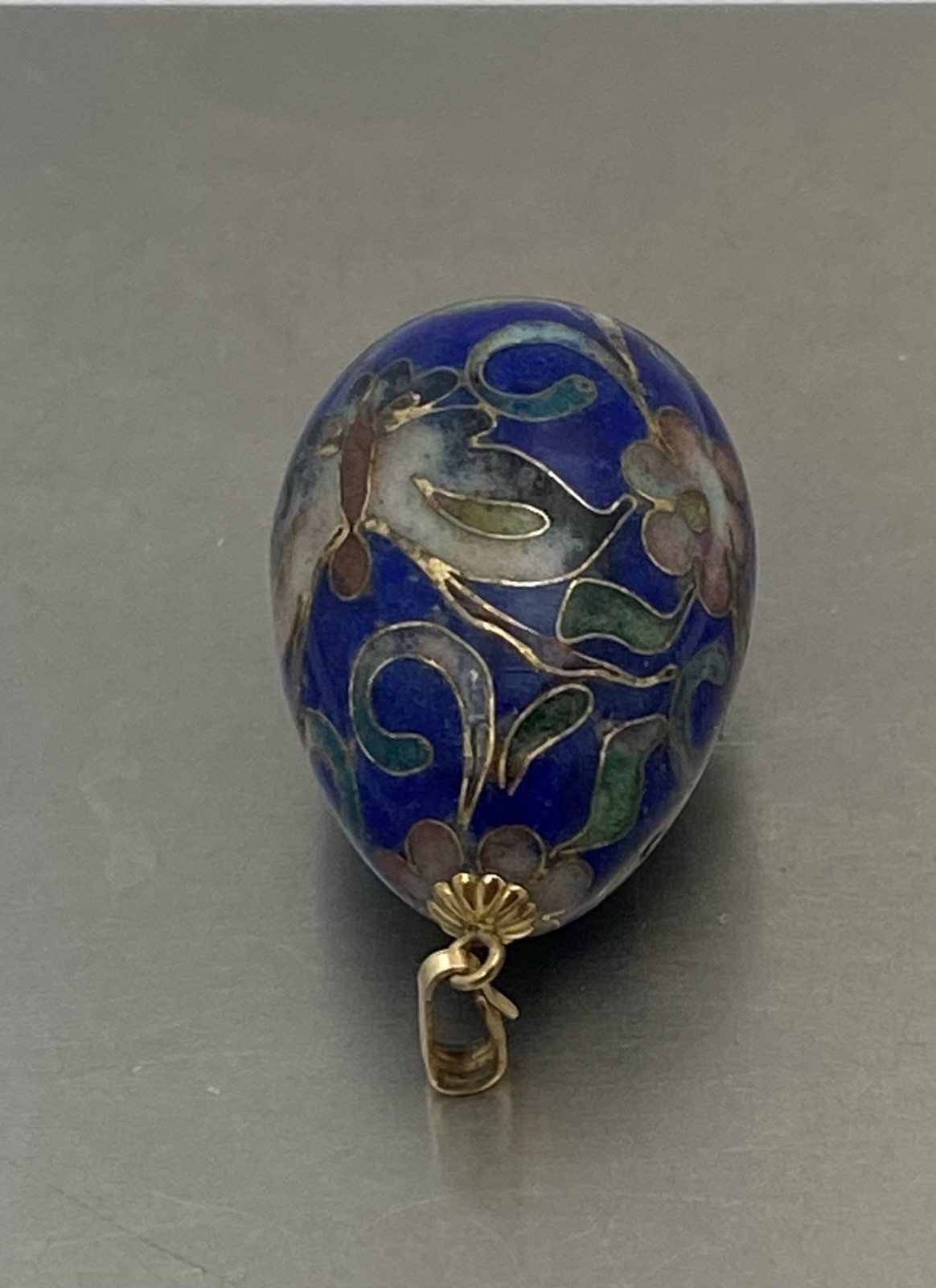 Pendant Cloisonne Egg Shape Blue w/ Butterfly Gold Color Bail 1 1/4″