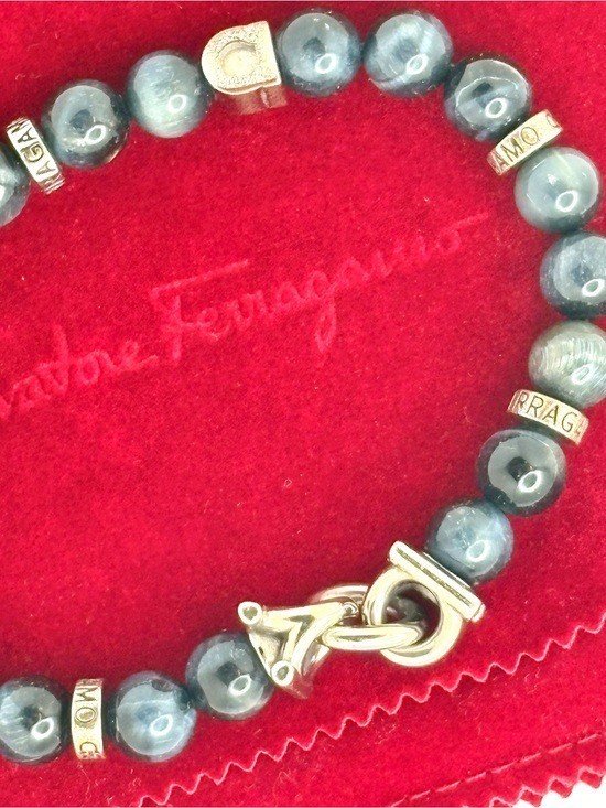 Ferragamo Semi Precious Stone Silver-Tone Blue Beaded Gancini Bracelet NEW