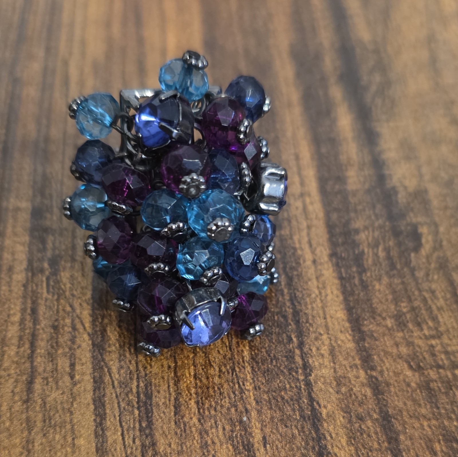Blue & Purple Crystal Cluster Cocktail Ring Silver Tone Size 7.25 Pre-Owned