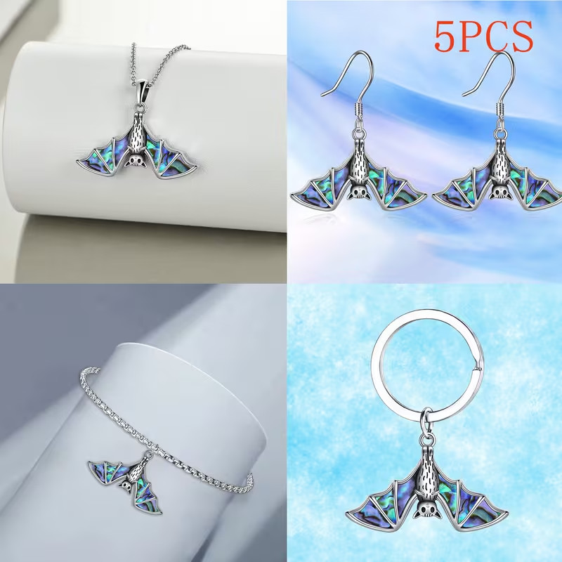 Cute Cartoon Bat Earrings Necklace Bracelet & Keychain Jewelry Set Silver Toned