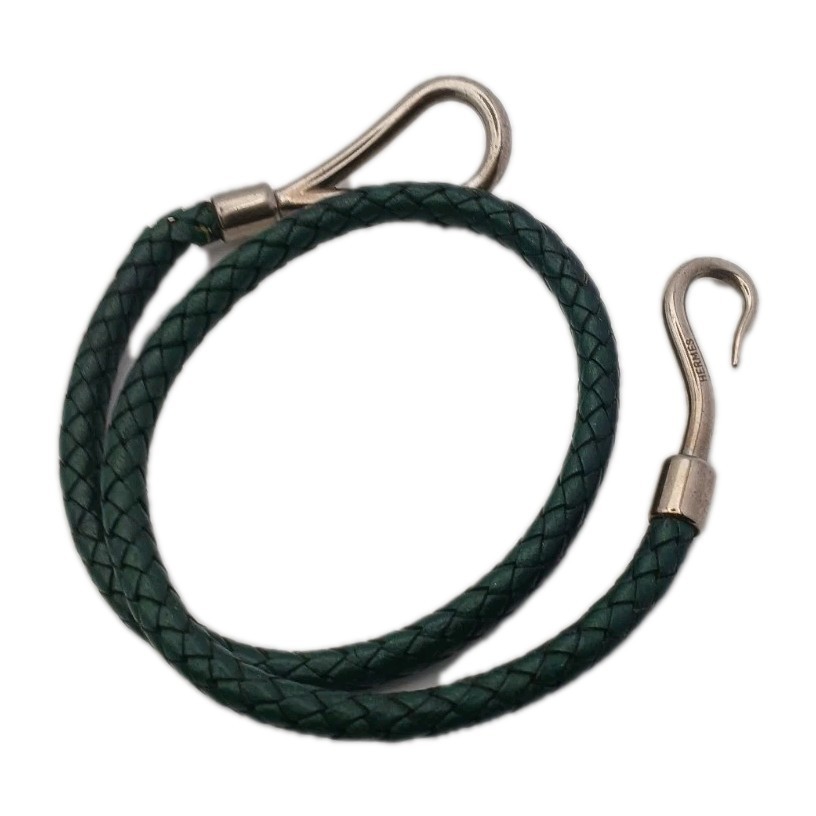 Hermès Jumbo Bracelet Green Braided Leather Palladium Plated Boxed *Please Read*