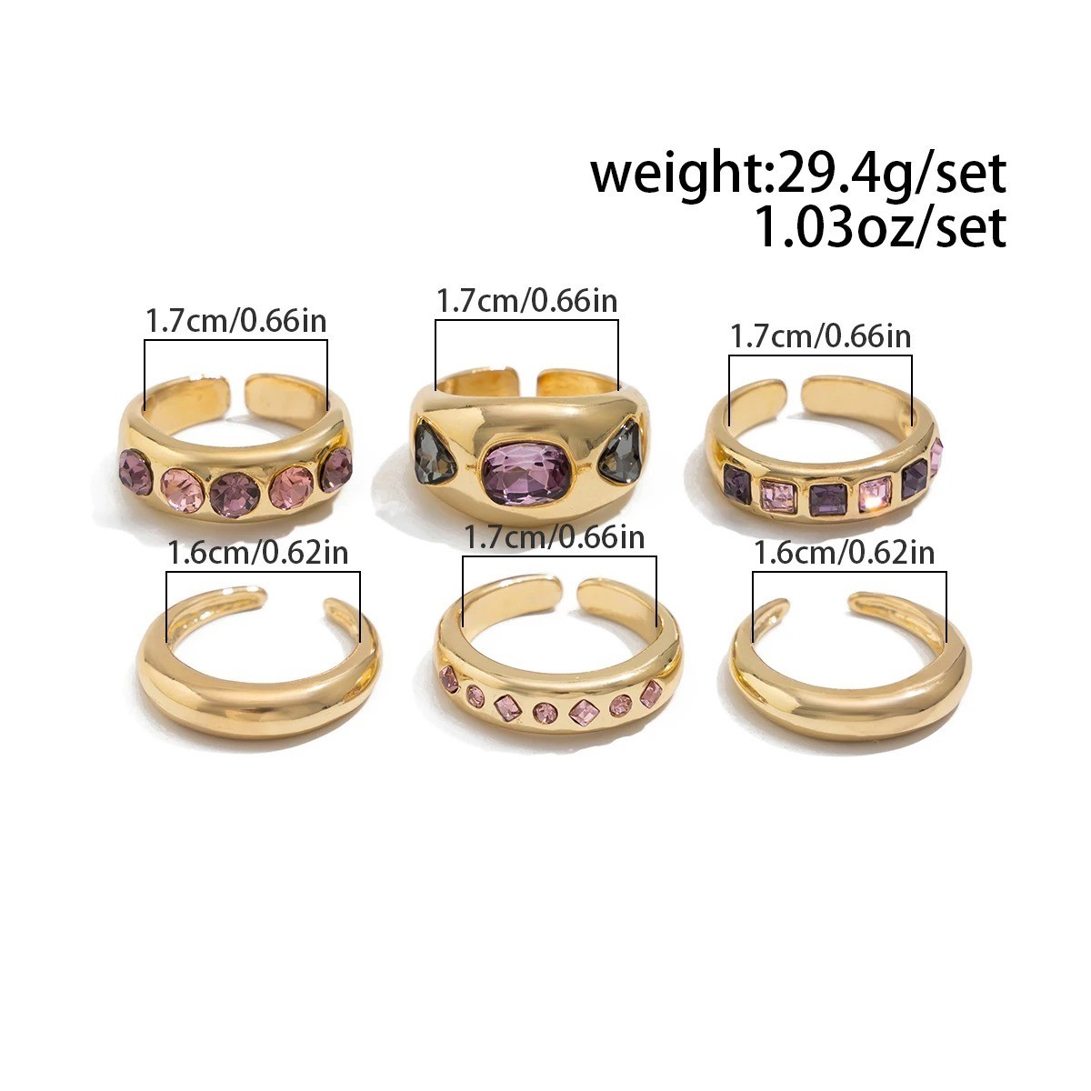 6PCS Gold Adjustable Ring Set Women Purple Zircon Stackable Knuckle Rings Gift