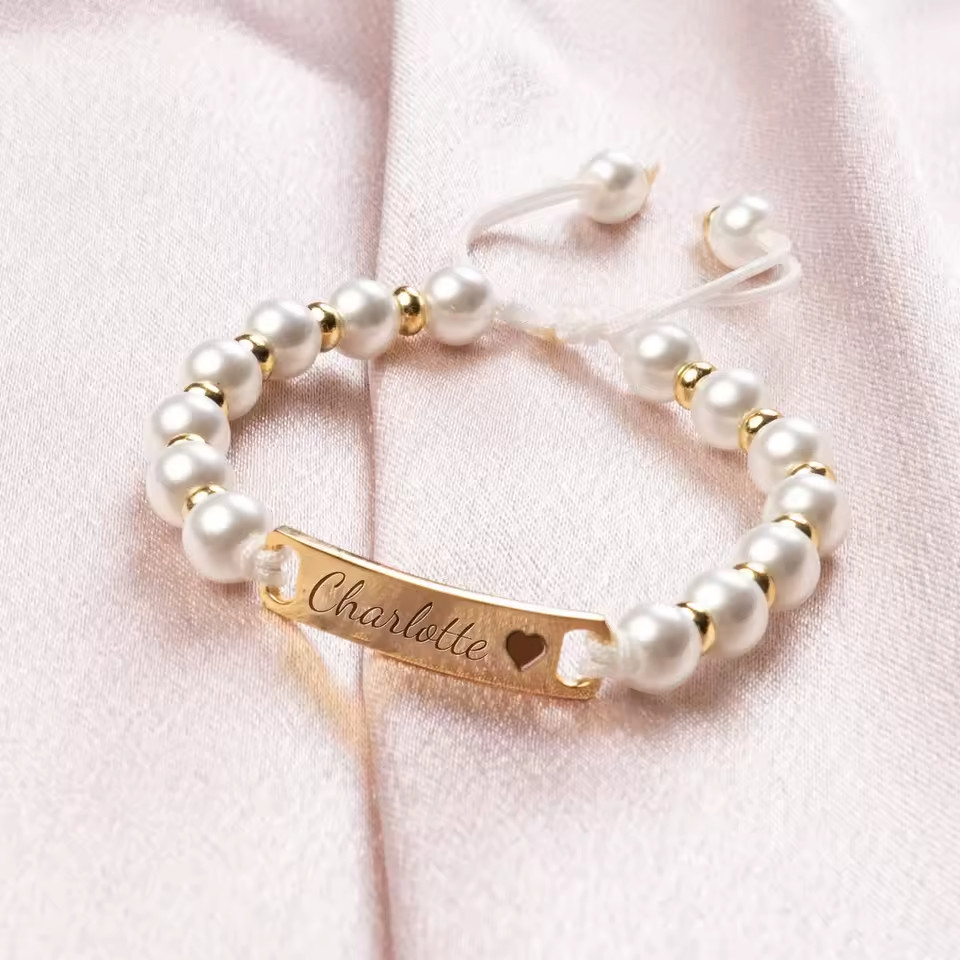 Custom Engraved Name Baby Pearl Bracelet Stainless Steel Jewelry Gold Silver