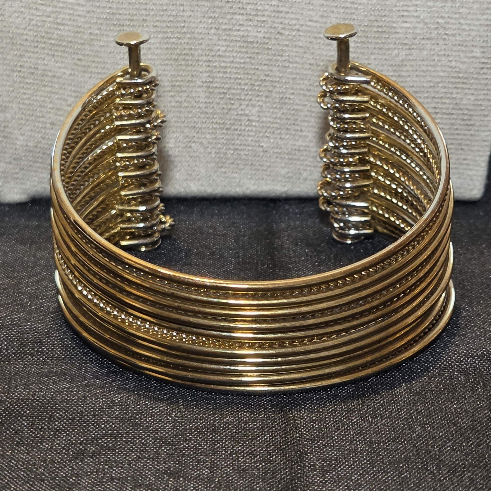 Egyptian Revival Multi Band Cuff Bracelet Sculptural Statement in Gold Tone