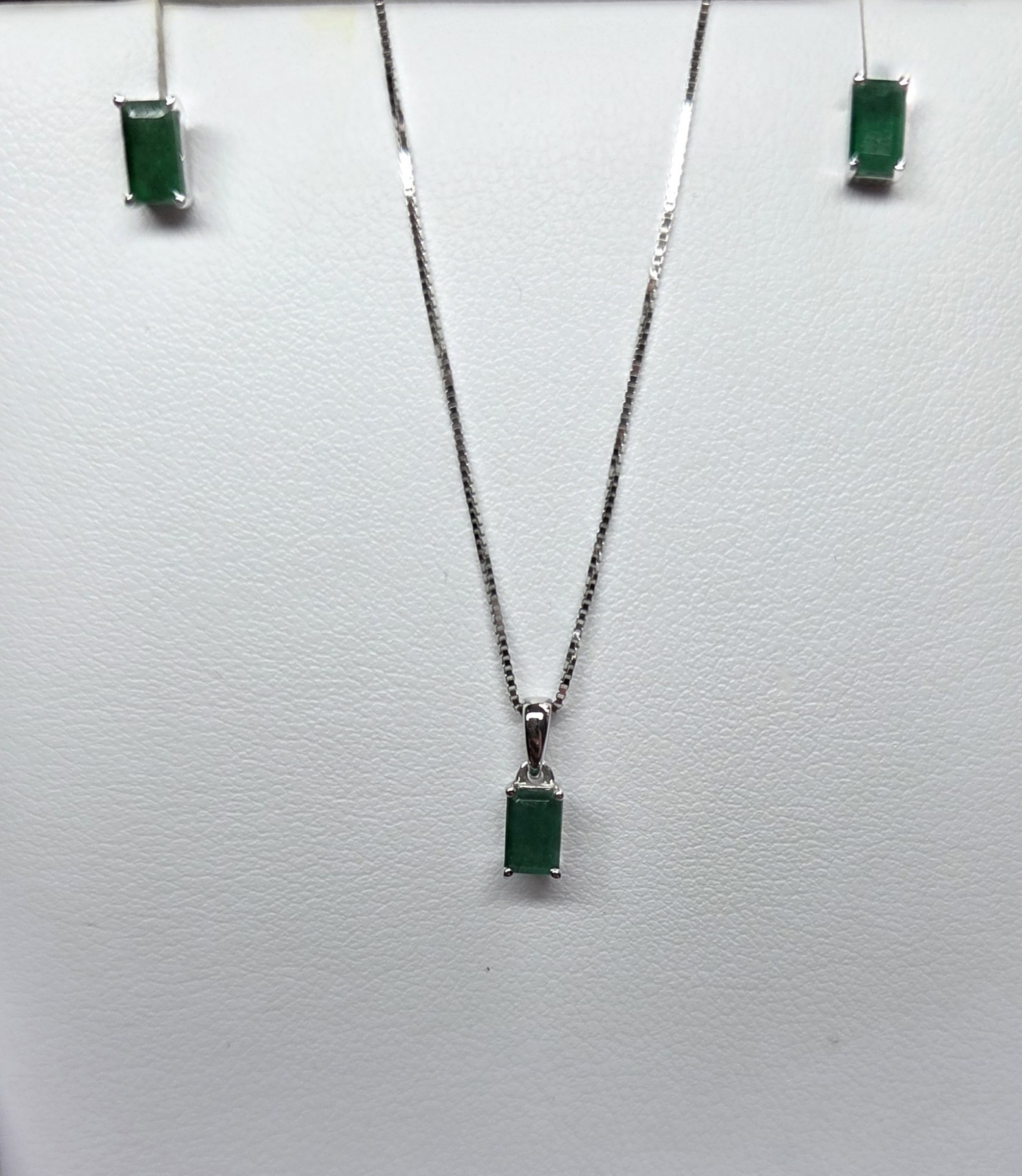 Green Emerald Diamond Necklace and Earrings Set White Gold Finish