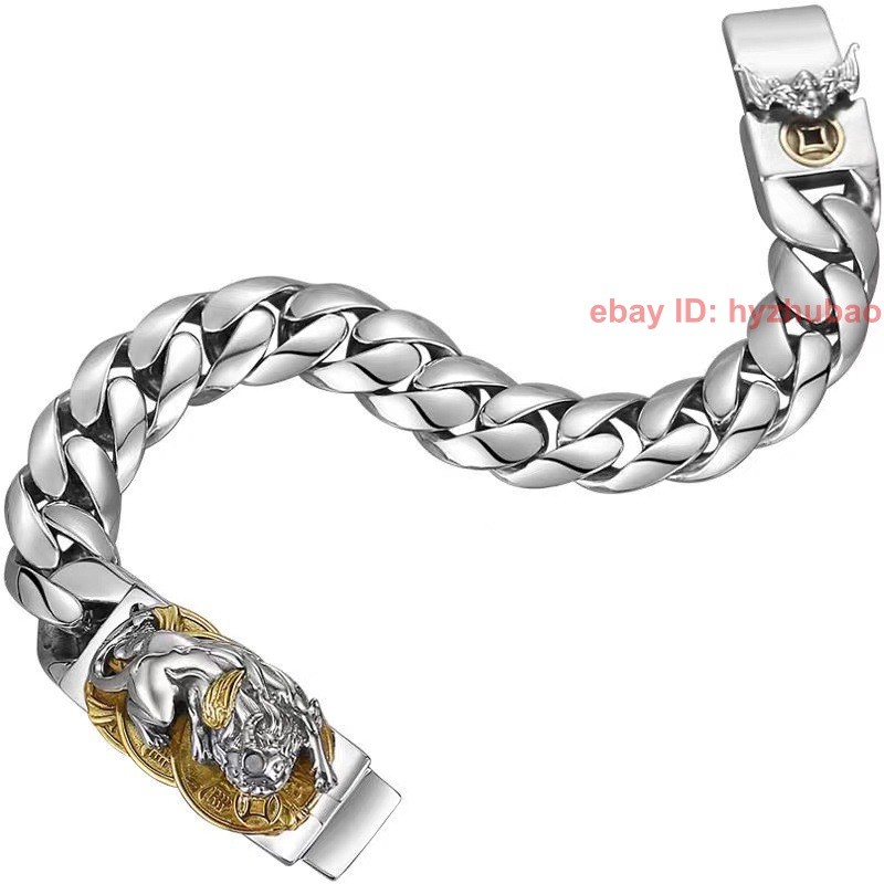 Fashion Solid Brass Silver Plated PiXiu Statue Man Woman Lucky Bangle Bracelet