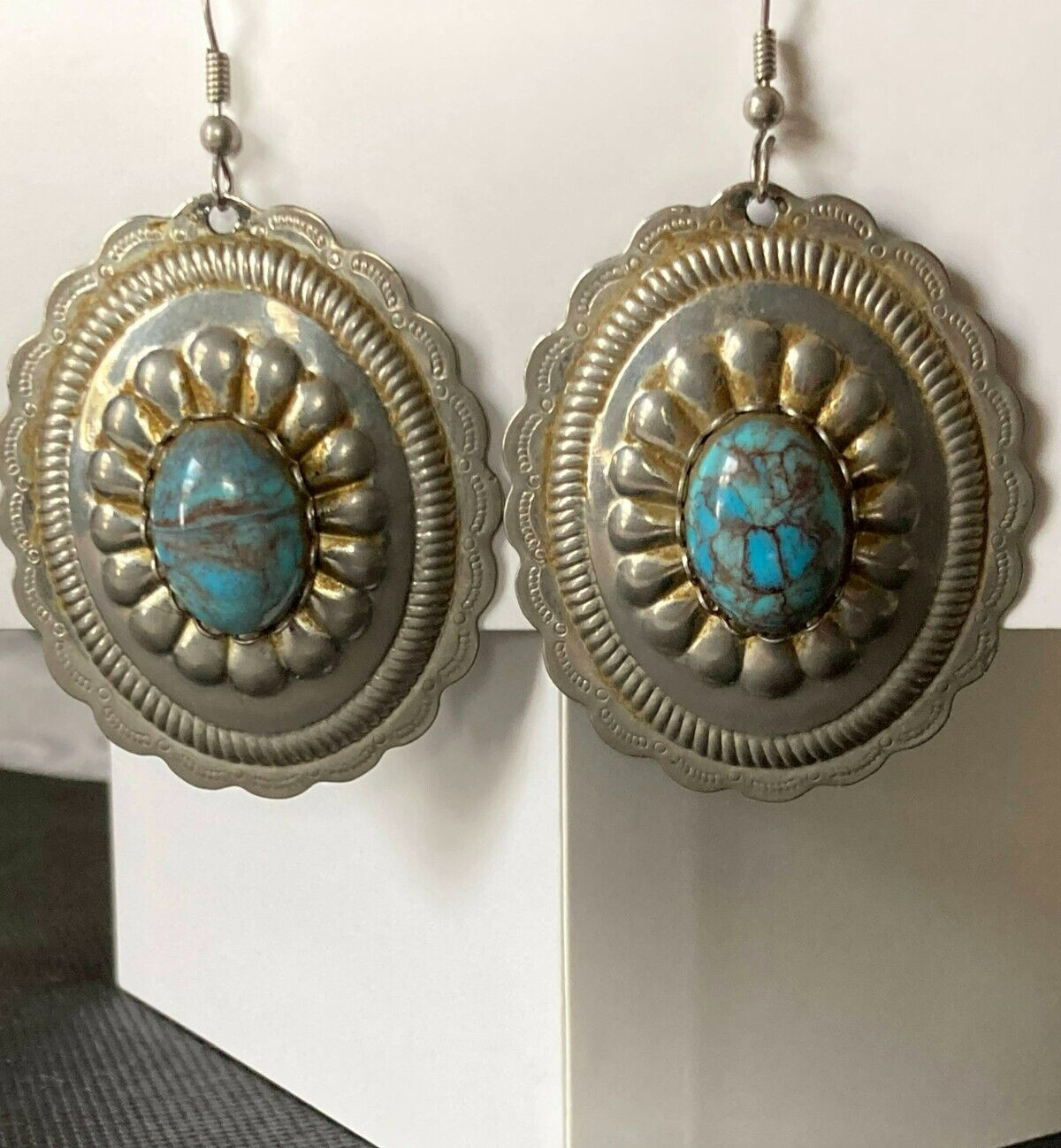 Earrings Native Inspired Stamped Tin and Turquoise Glass Cabochons 2″ Hooks