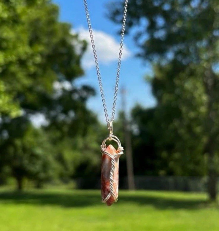wire wrapped crystal pendant with 16inch silver plated chain