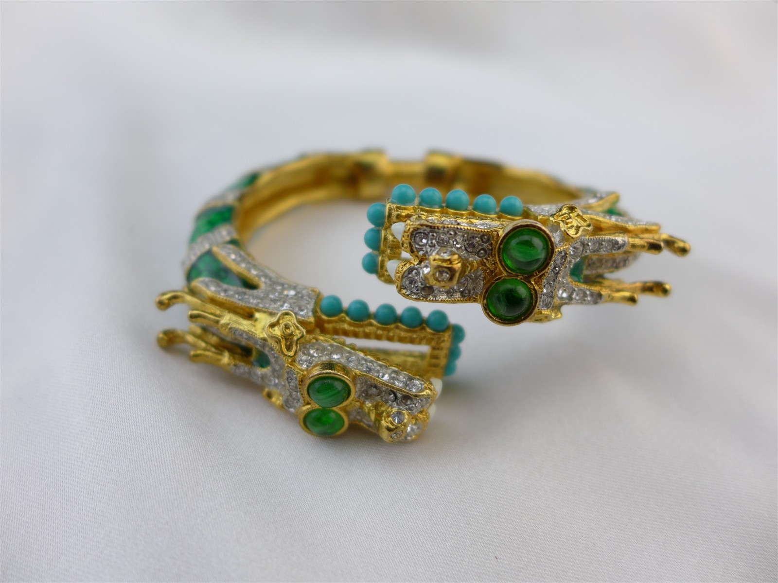 KJL Kenneth Jay Lane Jeweled Enameled Twin Headed Dragon Bangle Cuff Bracelet