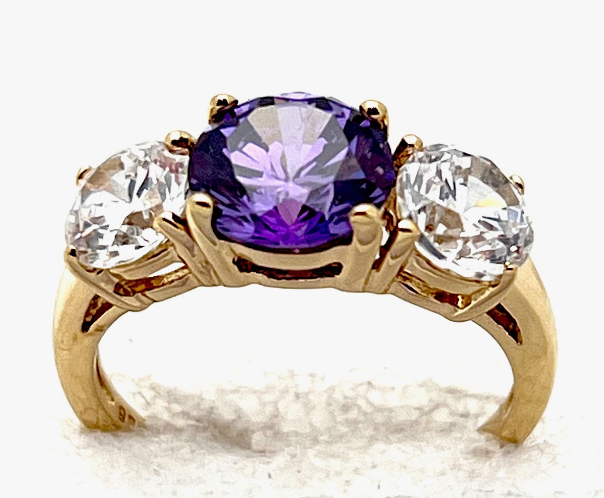DaneCraft 24KT Gold Over 925 Sterling 3.7 Gr Clear/Purple 3 CZ Ring Size  7