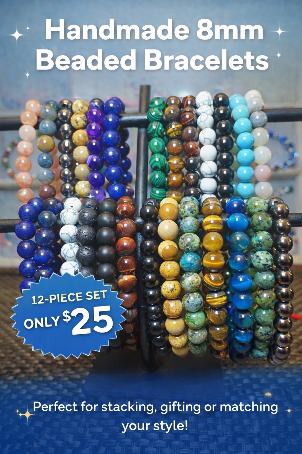12Pcs Natural Stone Beaded Bracelets for Women Men Semi-Precious Gemstones Brace