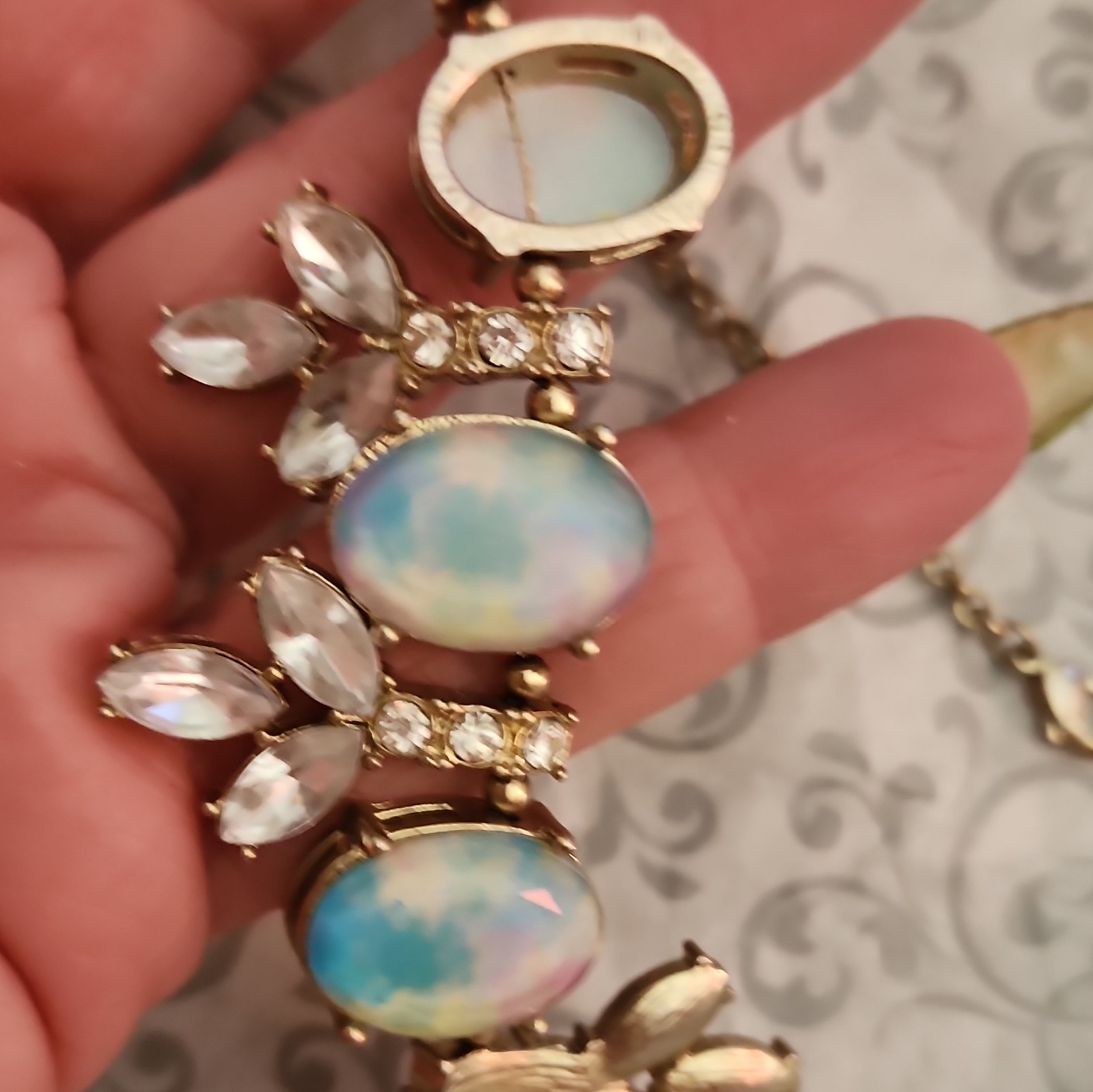 Gold Tone Statement Necklace Oval Blue/White Simulated Glass & Crystal, Adj