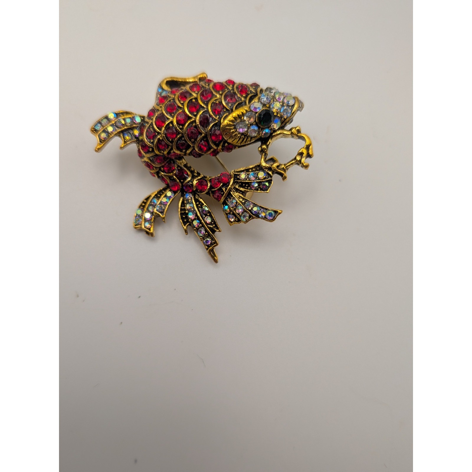 Vintage Style Koi Fish Brooch Red Aurora Borealis Rhinestone Gold Tone Statement