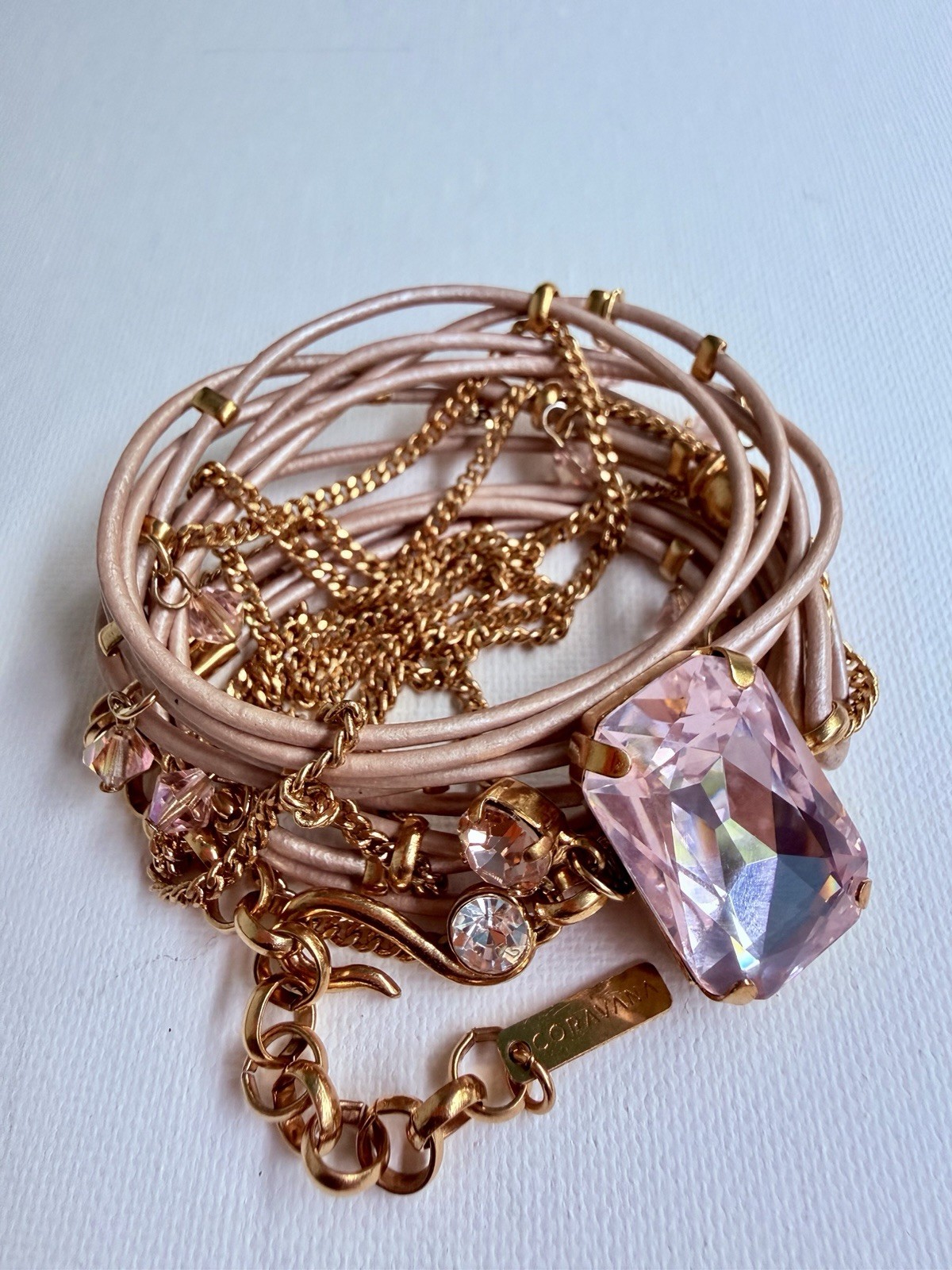 Coravana Pink Leather Wrap Bracelet Gold Tone Crystal Statement Adjustable