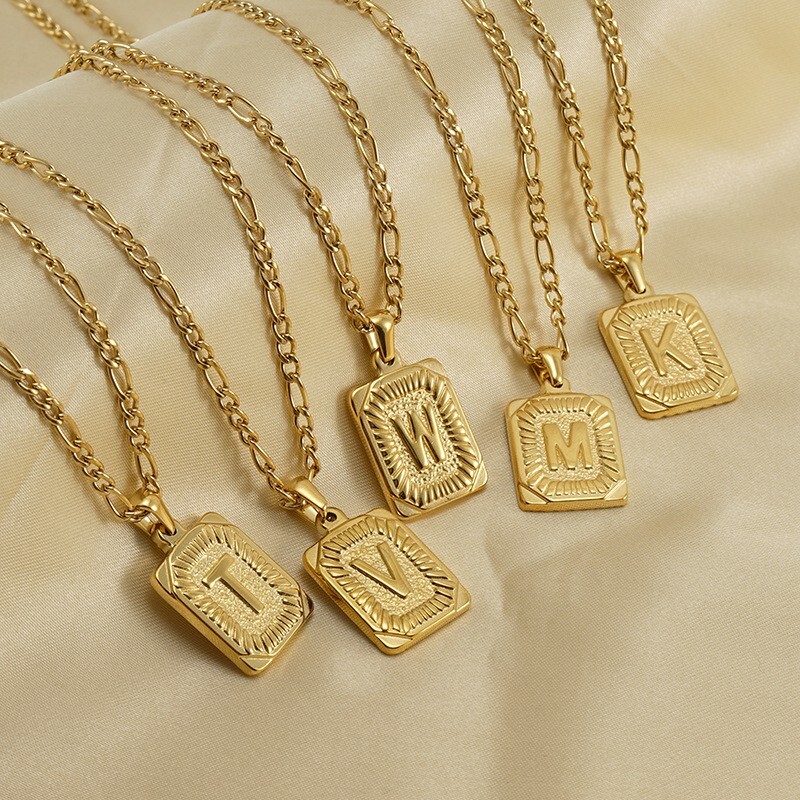 18″ Gold Plated Initial Letter Pendant Necklace Stainless Steel Figaro Chain