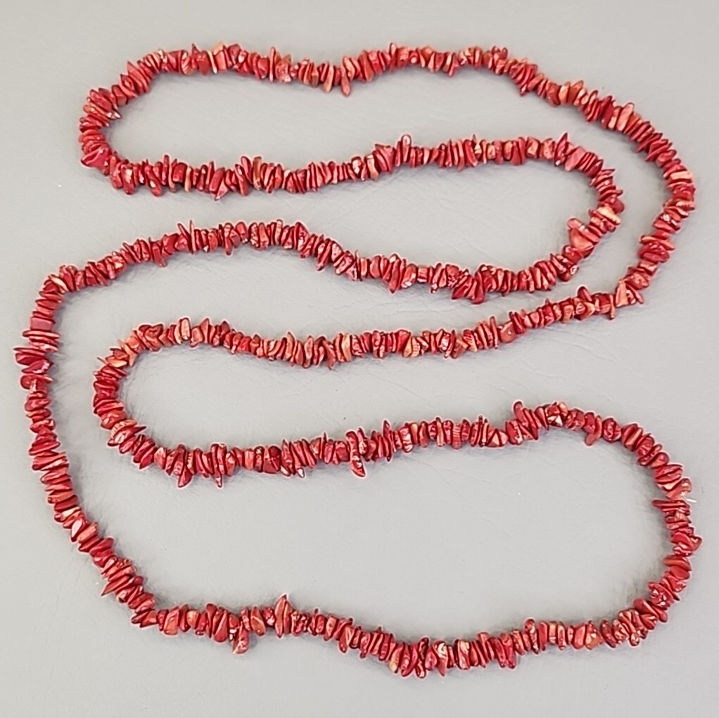 Coral Beaded Necklace Chip Red Orange Dyed Endless 52″ Long Flapper