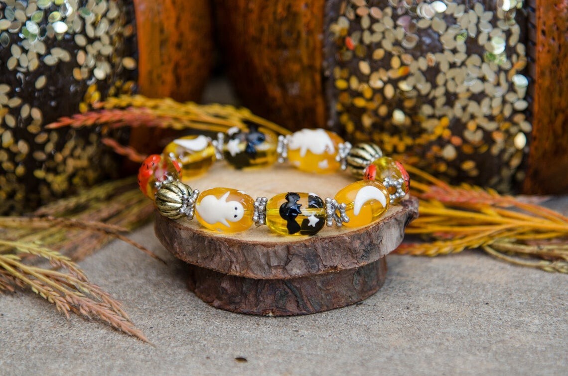 Halloween Bracelet Ghost Bat Dark Night Yellow Glass Beaded Stretch Woman