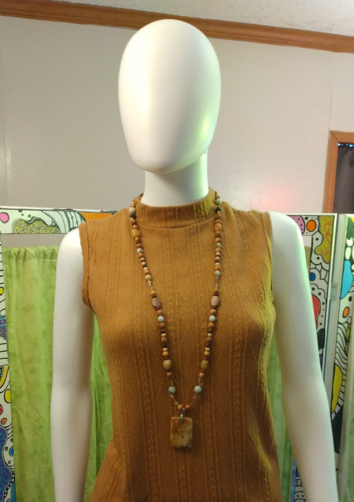 Sweater Length Artisan Beaded Necklace Jasper Charm Pendant Wood Lobster Clasp