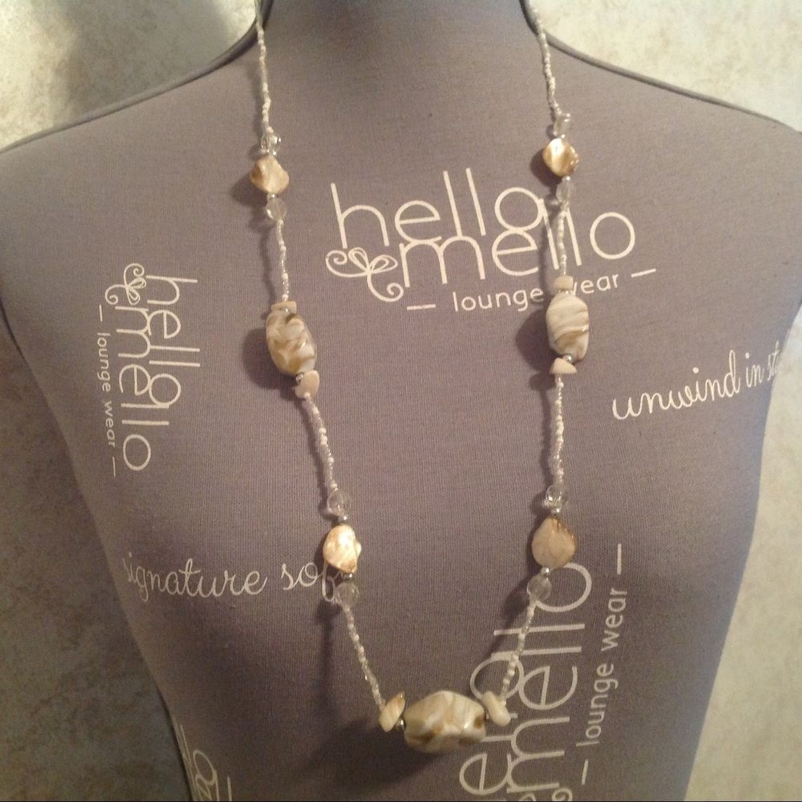Cream and White Glass and White/Clear Seed Beaded Necklace 30″