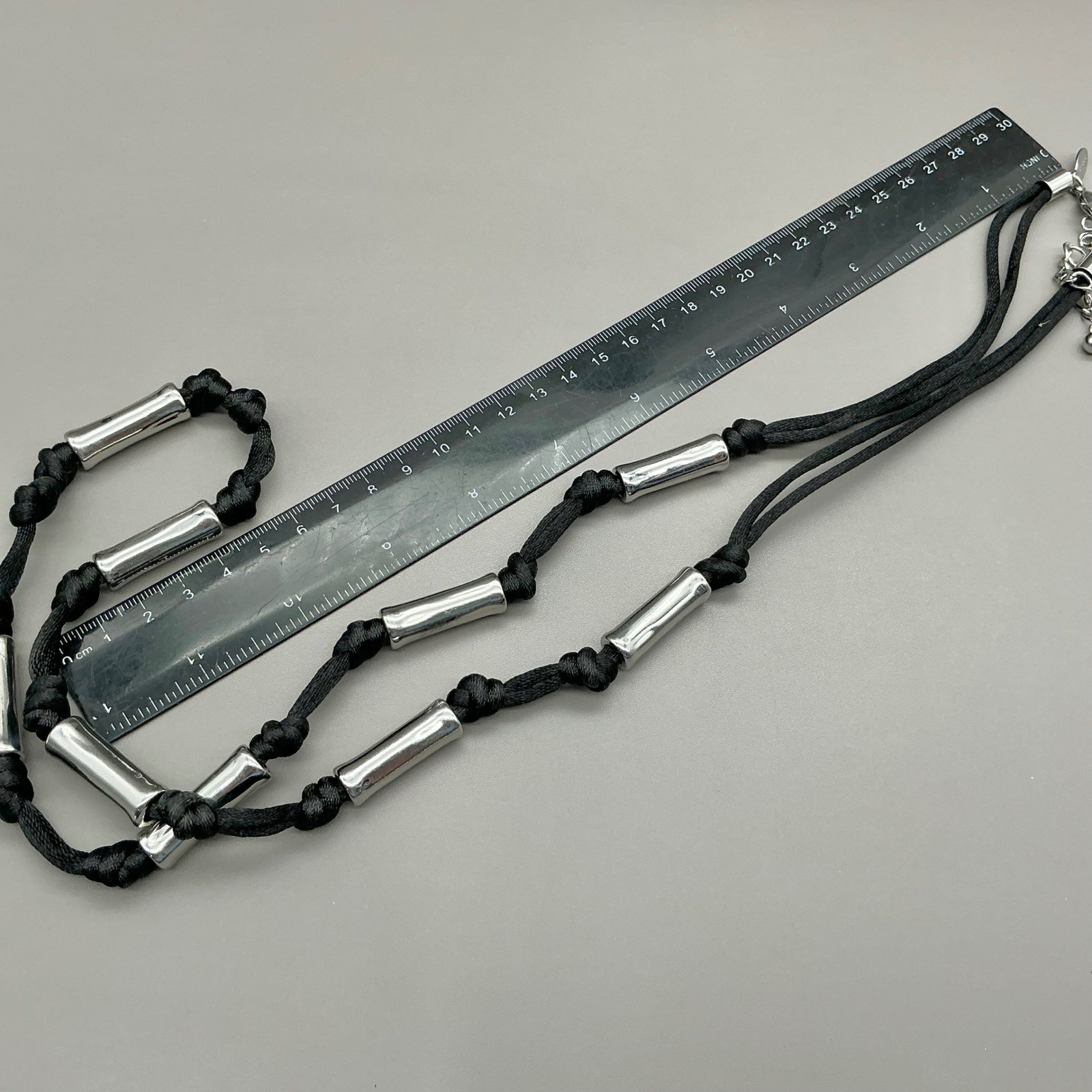 Chicos Necklace Women Silver Tone Black Cord Knotted Tube Bead Adjustable 30 In