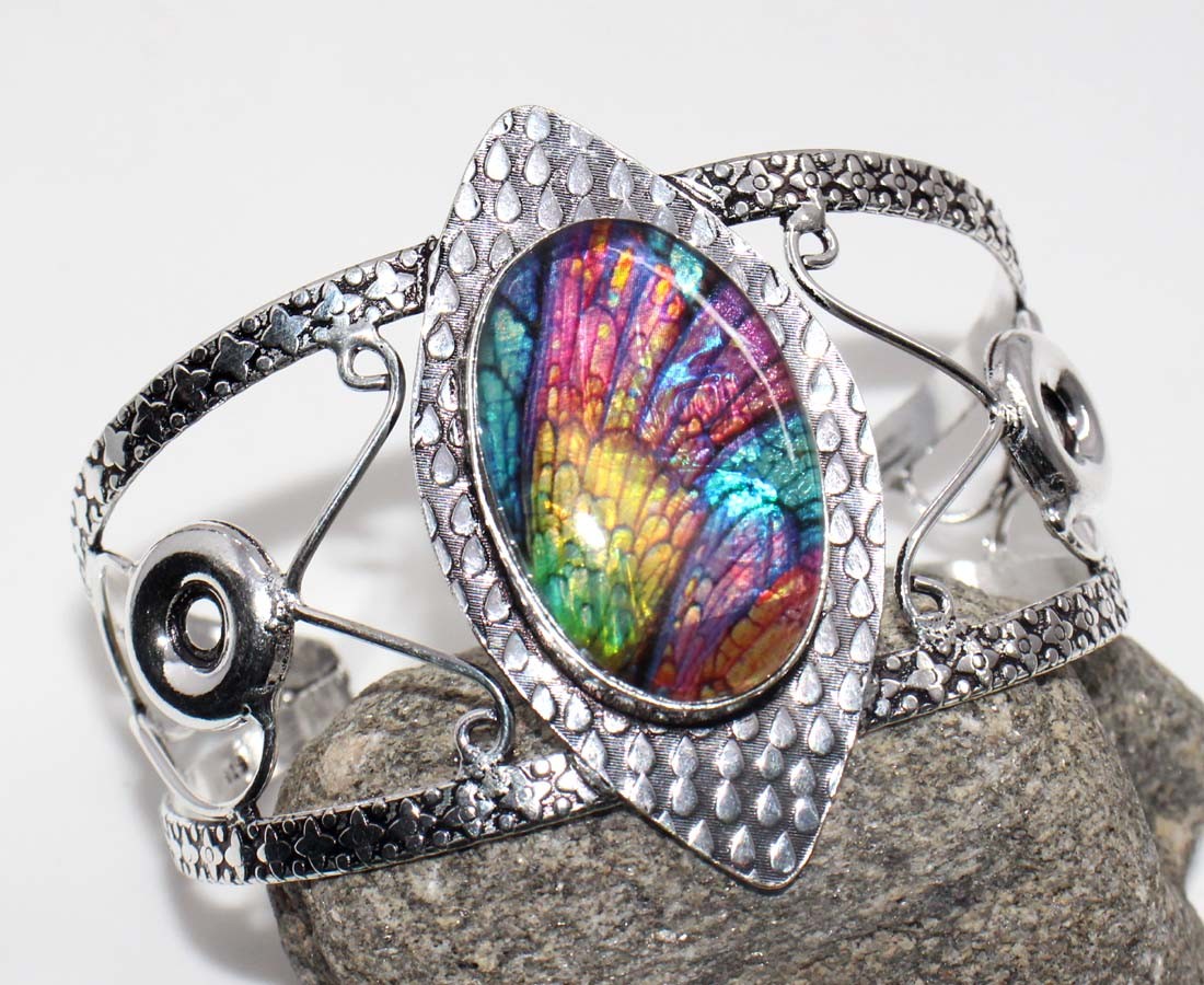 Huge Dichroic Glass 925 Silver Plated Bangle 6.5″ Unique Jewelry JW