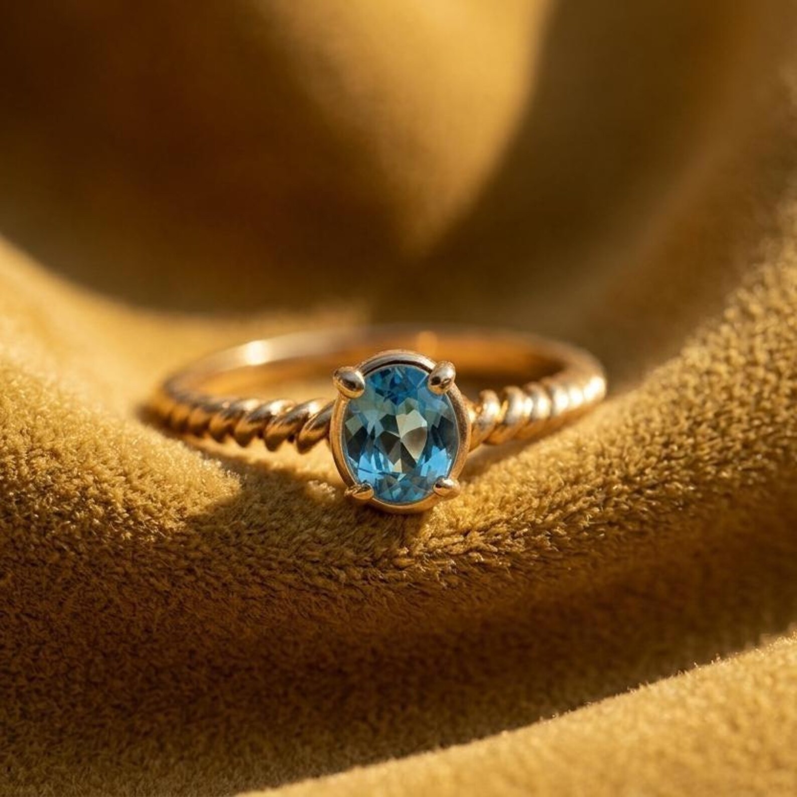 Simulated Diamond Blue Topaz Ring, 14K Yellow Gold Plated Engagement Ring