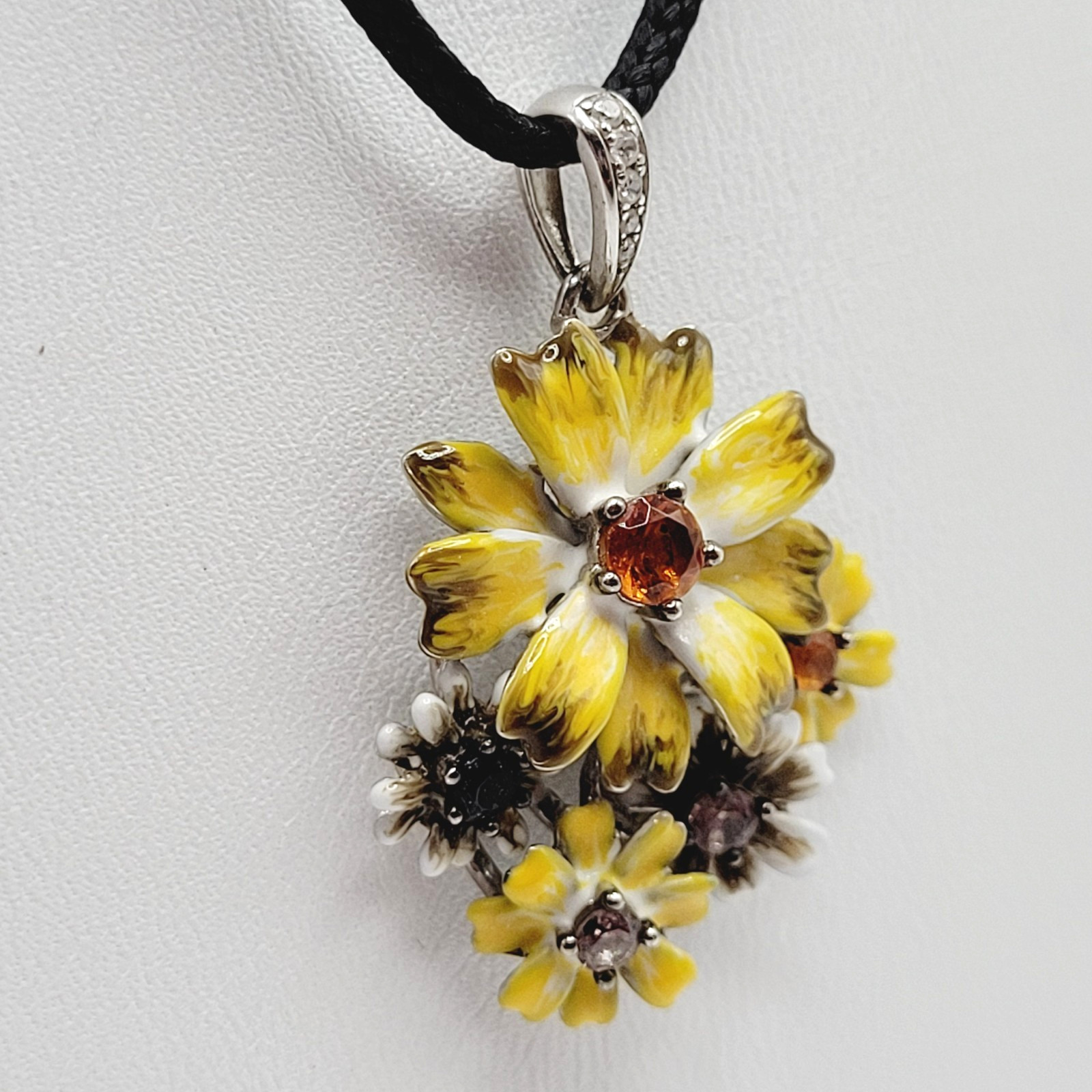 Yellow Flower Floral Bouquet Cluster 925 Pendant Black Cord Necklace 19 Inch