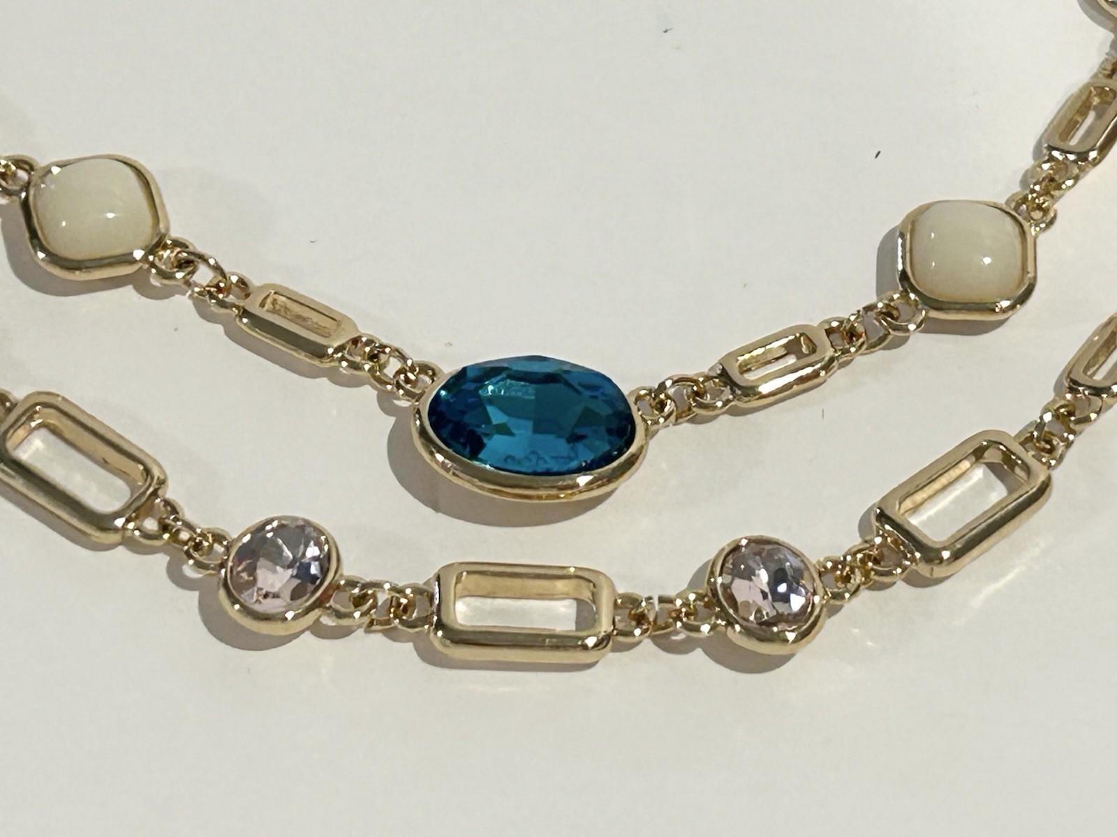 Gold Tone Double Chain Necklace With Man made London Blue Topaz