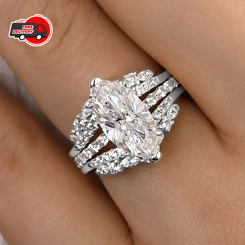 Fashion Woman White Plated Oval CZ Sparkling Band Ring Wedding Engagement