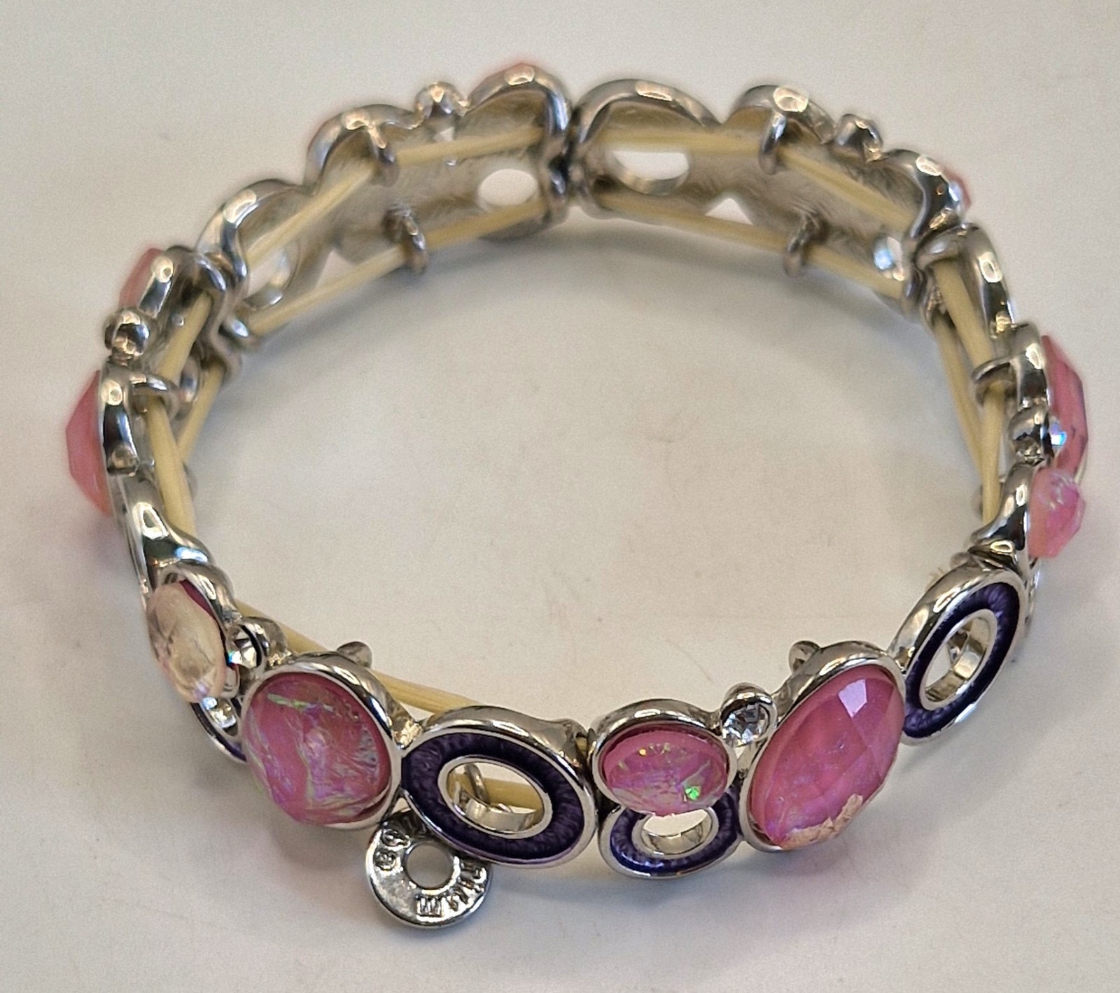 Silver Tone Stretch Bar Link Bracelet Pink Oval Glass Cabochons Purple Enamel