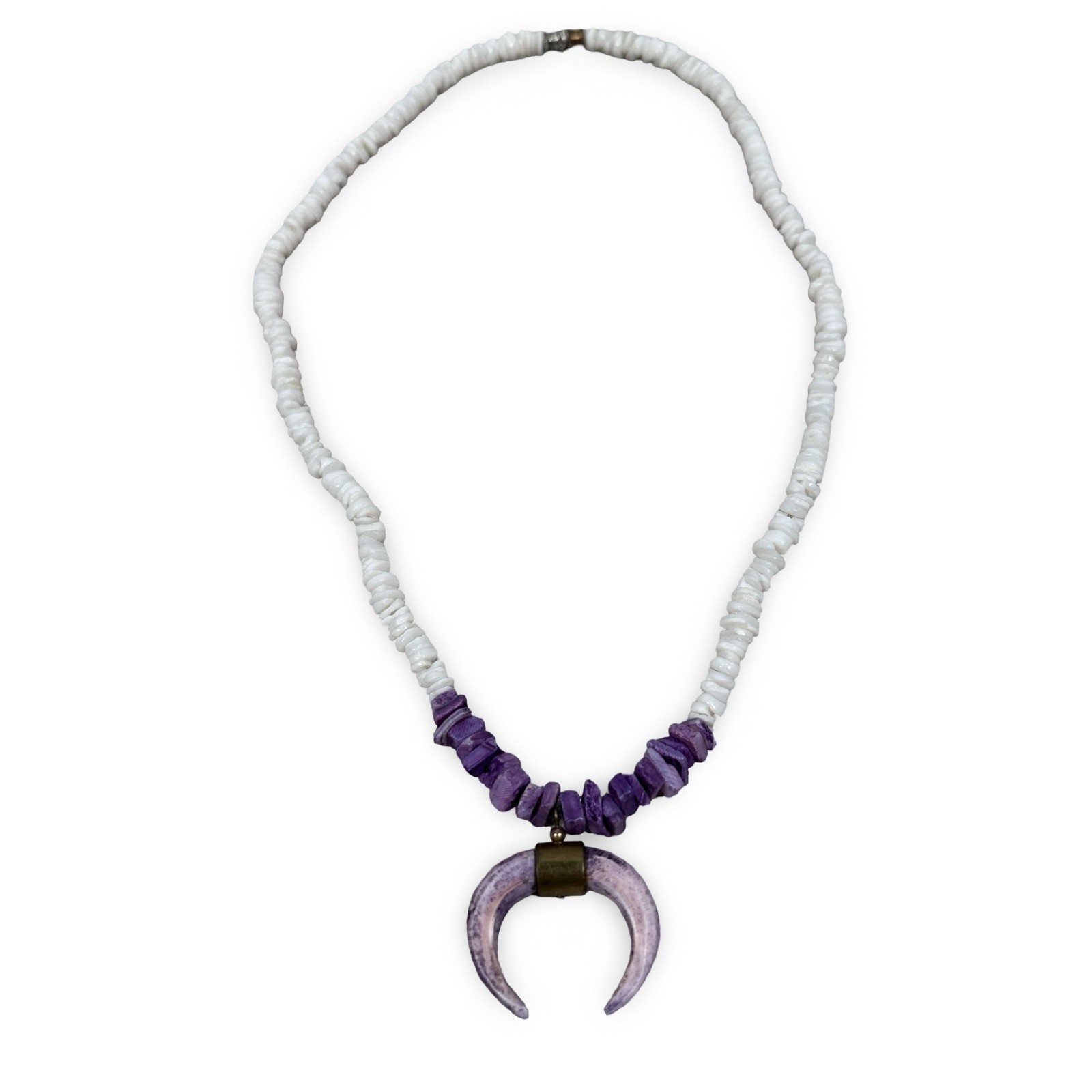 Vintage Purple Shell Crescent Moon Pendant Necklace White Heishi Bead Boho 18in