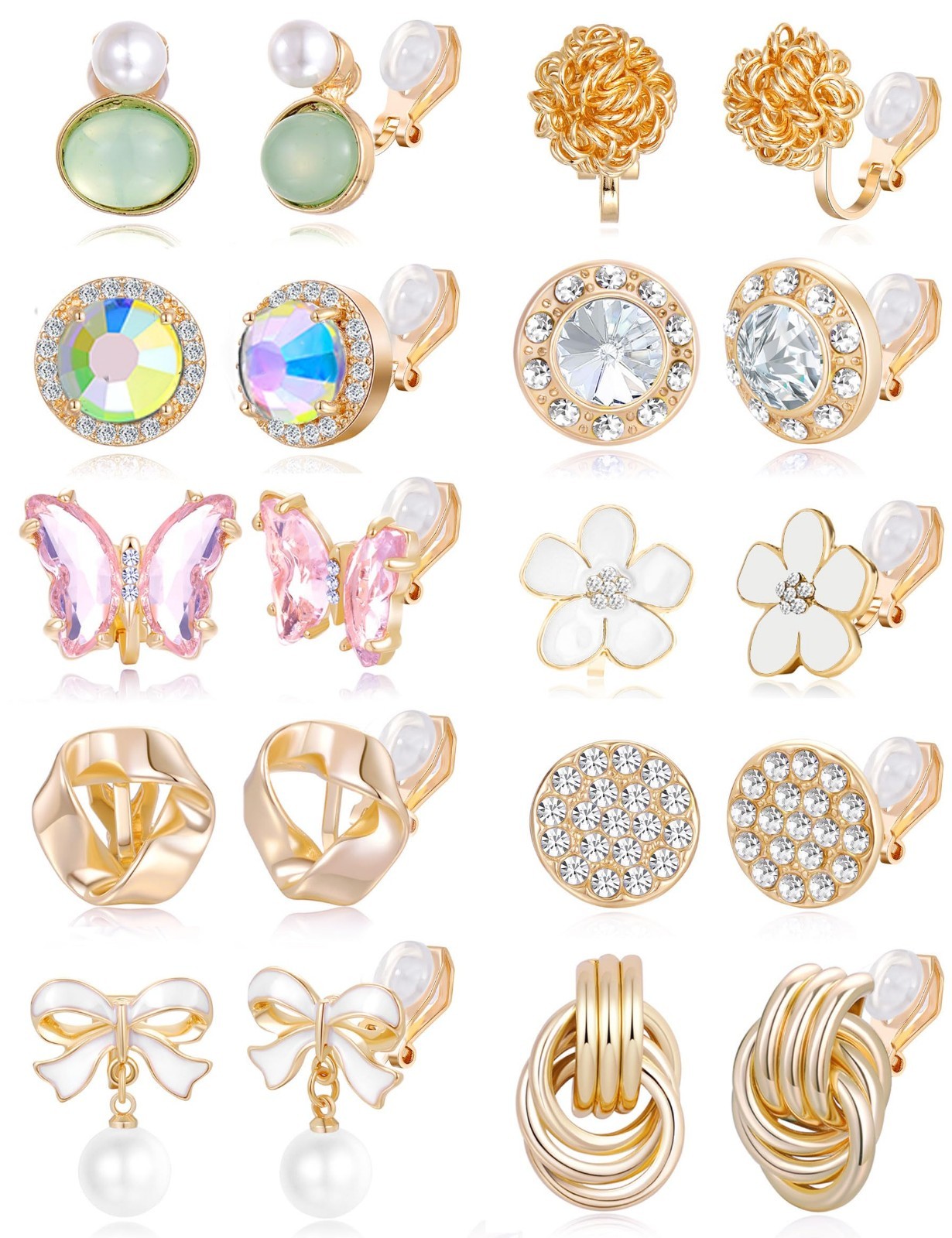 10-15 Pairs Non-Pierced Clip-On Earrings Set – Teardrop, Round, CZ, Pearl, Flowe