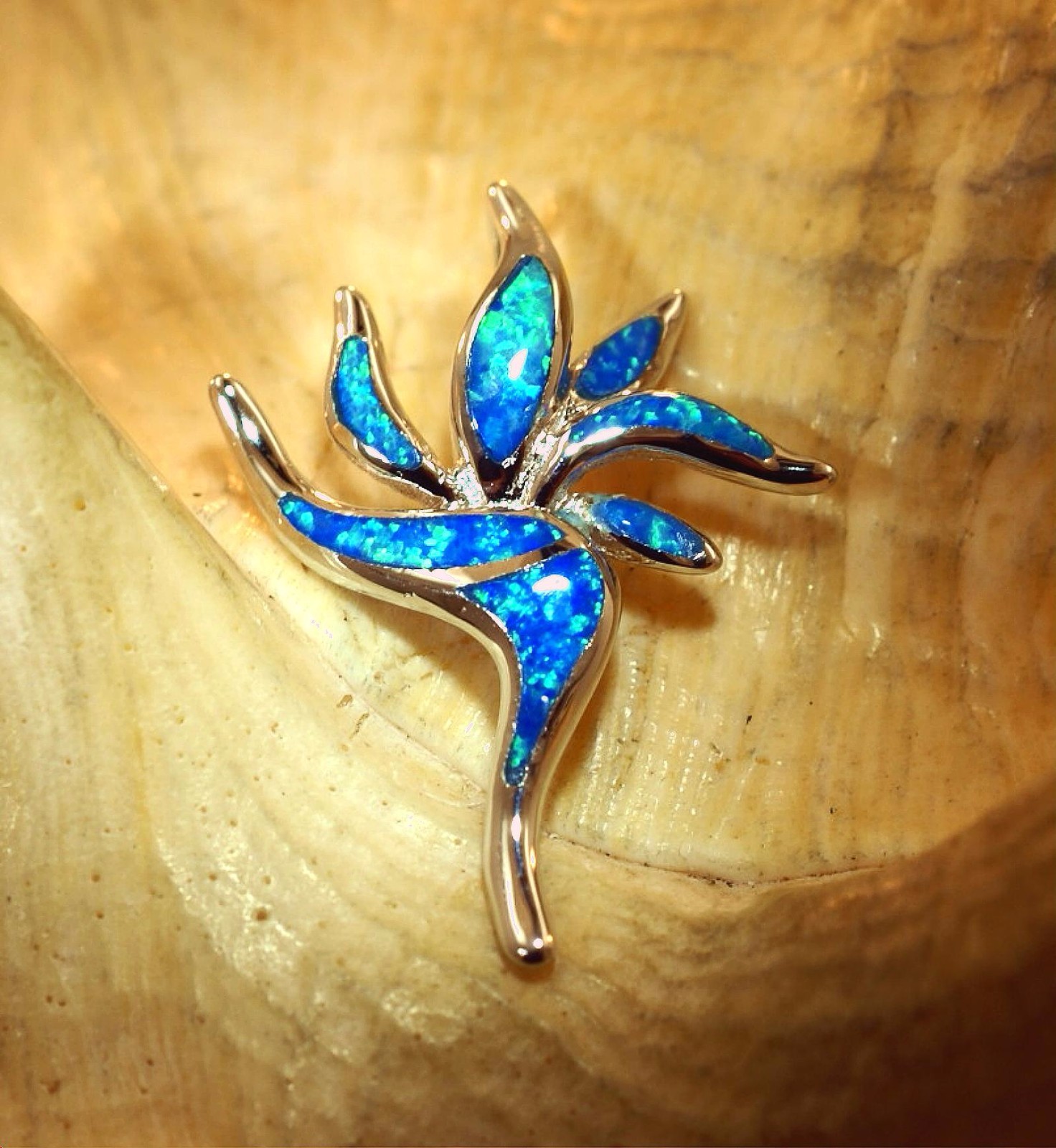 21mm Hawaiian Rhodium 925 Silver Inlaid Opal Bird of Paradise Flower Pendant #1