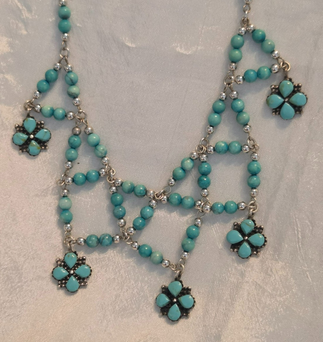 Stunning Sterling Silver and Turquoise Beaded and Charm Statement Necklace