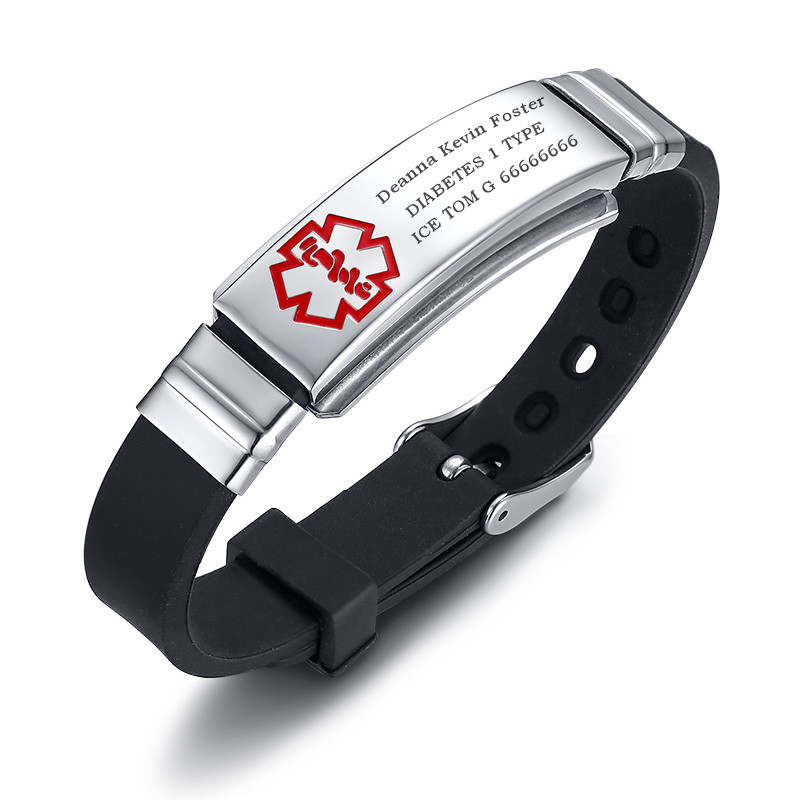 Free Engraving Medical Alert ID Women Men Kids Bracelet Black Silicone Wristband