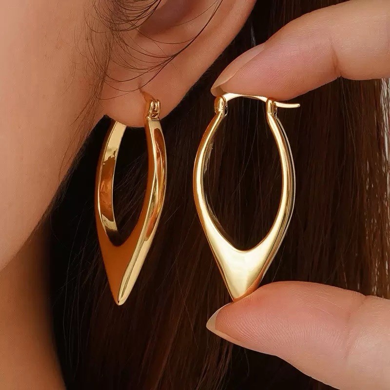 18K Gold Plated Marquise Hoop Earrings Minimalist Geometric Dangle Earrings A43
