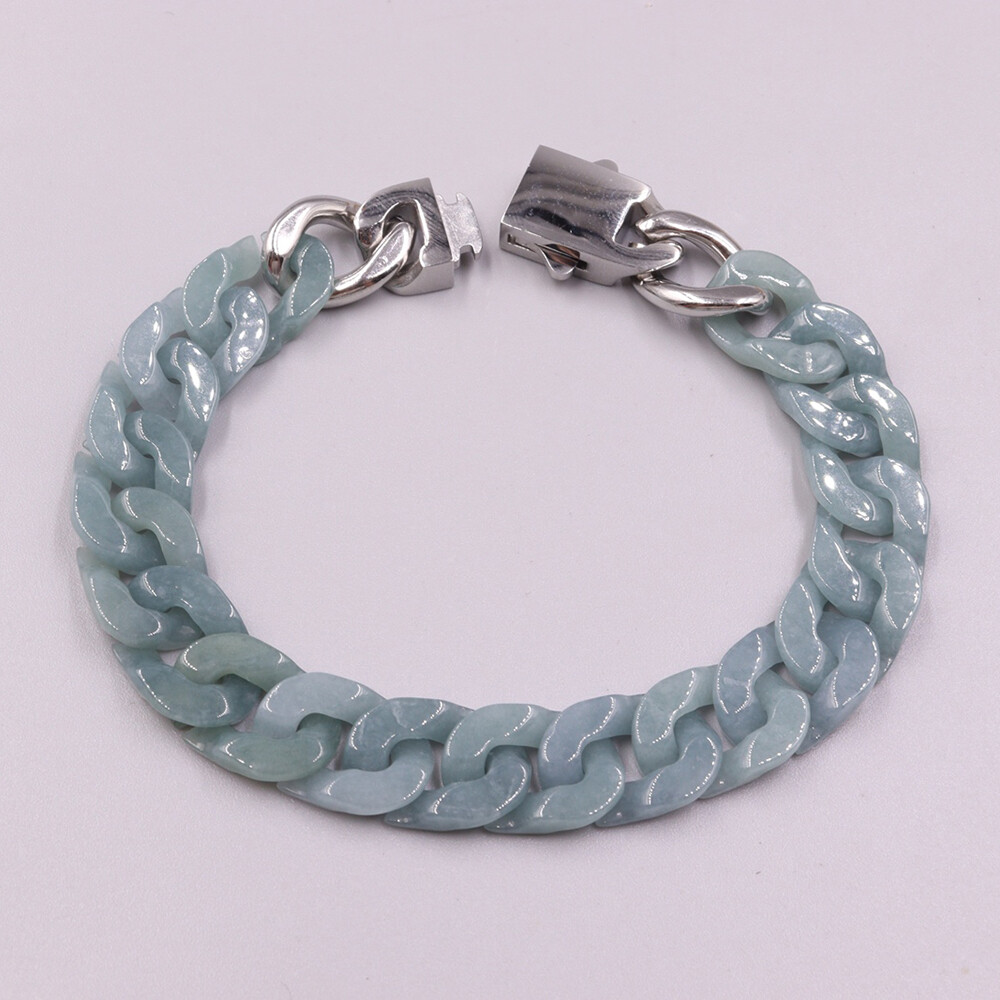 Real Grade A 100% Natural Blue Jade Jadeite Cuban Curb Link Bracelet 5.9-8.3inch