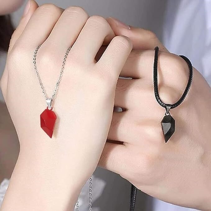 Heart Magnet Necklace Set for Couple – Black w/ Red, Great Gift, Anniversary