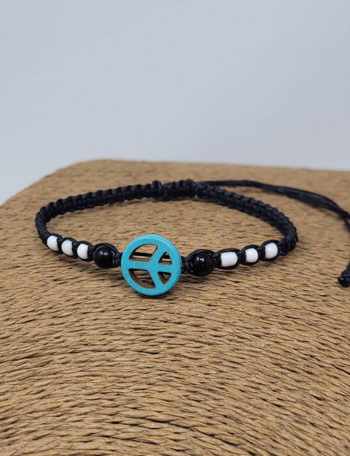 Peace Bracelet Adjustable Black Cord Turquoise Howlite Charm Handmade Unisex